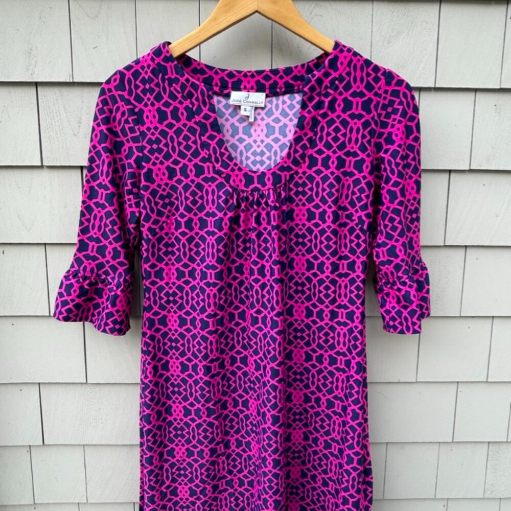 Jude Connally Ladies Holiday Dress Ruffle Sleeve Blue Pink